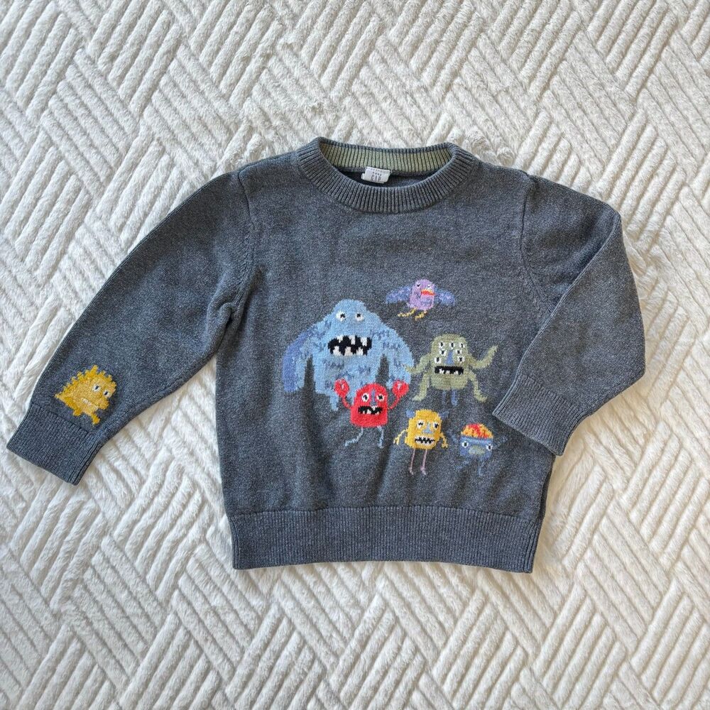 Baby Gap 3T Gray Monster Graphic Knit Sweater Kids Halloween Cozy Pullover
